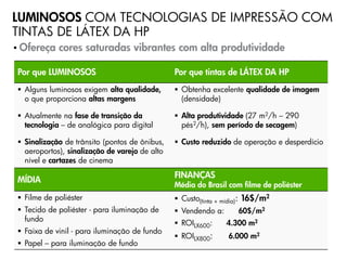 LUMINOSOS COM TECNOLOGIAS DE IMPRESSÃO COM
TINTAS DE LÁTEX DA HP
• Ofereça    cores saturadas vibrantes com alta produtividade

 Por que LUMINOSOS                              Por que tintas de LÁTEX DA HP
  Alguns luminosos exigem alta qualidade,       Obtenha excelente qualidade de imagem
   o que proporciona altas margens                (densidade)

  Atualmente na fase de transição da            Alta produtividade (27 m2/h – 290
   tecnologia – de analógica para digital         pés2/h), sem período de secagem)

  Sinalização de trânsito (pontos de ônibus,    Custo reduzido de operação e desperdício
   aeroportos), sinalização de varejo de alto
   nível e cartazes de cinema
                                                FINANÇAS
 MÍDIA
                                                Média do Brasil com filme de poliéster
  Filme de poliéster                            Custo(tinta + mídia): 16$/m2
  Tecido de poliéster - para iluminação de      Vendendo a:       60$/m2
   fundo
                                                 ROILX600:     4.300 m2
  Faixa de vinil - para iluminação de fundo
                                                 ROILX800:    6.000 m2
  Papel – para iluminação de fundo                      Progressive Profitable Printing
 