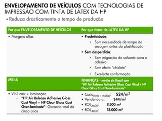 ENVELOPAMENTO DE VEÍCULOS COM TECNOLOGIAS DE
IMPRESSÃO COM TINTA DE LÁTEX DA HP
• Reduza    drasticamente o tempo de produção

 Por que ENVELOPAMENTO DE VEÍCULOS            Por que tintas de LÁTEX DA HP
  Margens altas                               Produtividade:
                                                     •   Sem necessidade de tempo de
                                                         secagem antes da plastificação
                                               Sem desperdício:
                                                     •   Sem migração do solvente para o
                                                         adesivo
                                                     •   Sem efeito "chiclete"
                                                     •   Excelente conformação
 MÍDIA                                        FINANÇAS - média do Brasil com
                                              “HP Air Release Adhesive Gloss Cast Vinyl + HP
                                              Clear Gloss Cast Over-laminate”
  Vinil cast + laminação                        Custo(tinta + mídia): $24/m2
      • “HP Air Release Adhesive Gloss           Vendendo a:          $44/m2
          Cast Vinyl + HP Clear Gloss Cast
                                                 ROILX600:        9.500 m2
          Over-laminate”: Garantia total de
          cinco anos                             ROILX800:        13.000 m2
                                                           Progressive Profitable Printing
 