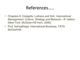 References…..
• Chapters 8, Hodgetts, Luthans and Doh, International
Management: Culture, Strategy and Behavior , 6th
edition
(New York: McGraw-Hill Irwin, 2006).
• Prof. Ashwathapa, International Business, TATA
McGrahHill.
 