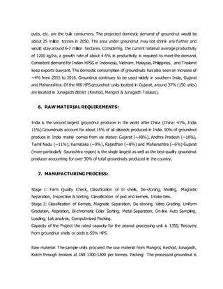 pubs, etc. are the bulk consumers. The projected domestic demand of groundnut would be
about 25 million tonnes in 2050. The area under groundnut may not shrink any further and
would stay around 6-7 million hectares. Considering, the current national average productivity
of 1200 kg/ha, a growth rate of about 4-5% in productivity is required to meet the demand.
Consistent demand for Indian HPSG in Indonesia, Vietnam, Malaysia, Philippines, and Thailand
keep exports buoyant. The domestic consumption of groundnuts has also seen an increase of
~4% from 2015 to 2016. Groundnut continues to be used widely in southern India, Gujarat
and Maharashtra. Of the 400 HPS groundnut units located in Gujarat, around 37% (150 units)
are located in Junagadh district (Keshod, Mangrol & Junagadh Talukas).
6. RAW MATERIAL REQUIREMENTS:
India is the second largest groundnut producer in the world after China (China: 41%, India
11%) Groundnuts account for about 15% of all oilseeds produced in India. 90% of groundnut
produce in India mainly comes from six states: Gujarat (~40%), Andhra Pradesh (~18%),
Tamil Nadu (~11%), Karnataka (~9%), Rajasthan (~8%) and Maharashtra (~6%) Gujarat
(more particularly Saurashtra region) is the single largest as well as the best quality groundnut
producer accounting for over 30% of total groundnuts produced in the country.
7. MANUFACTURING PROCESS:
Stage 1: Farm Quality Check, Classification of In shells, De-stoning, Shelling, Magnetic
Separation, Inspection & Sorting, Classification of pod and kernels, Intake bins.
Stage 2: Classification of Kernels, Magnetic Separation, De-stoning, Vibro Grading, Uniform
Gradation, Aspiration, Bi-chromatic Color Sorting, Metal Separation, On-line Auto Sampling,
Loading, Lab analysis, Computerized Packing.
Capacity of the Project the rated capacity for the peanut processing unit is 1350, Recovery
from groundnut shells or pods is 55% HPS.
Raw material: The sample units procured the raw material from Mangrol, Keshod, Junagadh,
Kutch through brokers at INR 1700-1800 per tonnes. Packing: The processed groundnut is
 