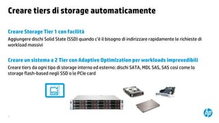 Creare tiers di storage automaticamente
Creare Storage Tier 1 con facilità
Aggiungere dischi Solid State (SSD) quando c’è il bisogno di indirizzare rapidamente le richieste di
workload massivi

Creare un sistema a 2 Tier con Adaptive Optimization per workloads imprevedibili
Creare tiers da ogni tipo di storage interno ed esterno: dischi SATA, MDL SAS, SAS così come lo
storage flash-based negli SSD o le PCIe card

21

 
