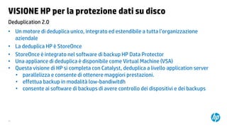 VISIONE HP per la protezione dati su disco
Deduplication 2.0
• Un motore di deduplica unico, integrato ed estendibile a tutta l’organizzazione
aziendale
• La deduplica HP è StoreOnce
• StoreOnce è integrato nel software di backup HP Data Protector
• Una appliance di deduplica è disponibile come Virtual Machine (VSA)
• Questa visione di HP si completa con Catalyst, deduplica a livello application server
• parallelizza e consente di ottenere maggiori prestazioni.
• effettua backup in modalità low-bandiwitdh
• consente ai software di backups di avere controllo dei dispositivi e dei backups

24

 