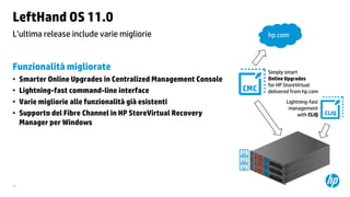 LeftHand OS 11.0
L’ultima release include varie migliorie

Funzionalità migliorate
•
•
•
•

36

Smarter Online Upgrades in Centralized Management Console
Lightning-fast command-line interface
Varie migliorie alle funzionalità già esistenti
Supporto del Fibre Channel in HP StoreVirtual Recovery
Manager per Windows

hp.com

Simply smart
Online Upgrades
for HP StoreVirtual
delivered from hp.com
Lightning-fast
management
with CLiQ

 