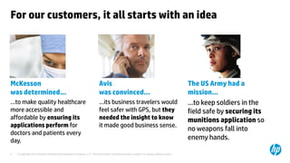 For our customers, it all starts with an idea




McKesson                                                               Avis                                                            The US Army had a
was determined…                                                        was convinced…                                                  mission…
…to make quality healthcare                                            …its business travelers would                                   …to keep soldiers in the
more accessible and                                                    feel safer with GPS, but they                                   field safe by securing its
affordable by ensuring its                                             needed the insight to know                                      munitions application so
applications perform for                                               it made good business sense.
                                                                                                                                       no weapons fall into
doctors and patients every
day.                                                                                                                                   enemy hands.

4   © Copyright 2012 Hewlett-Packard Development Company, L.P. The information contained herein is subject to change without notice.
 