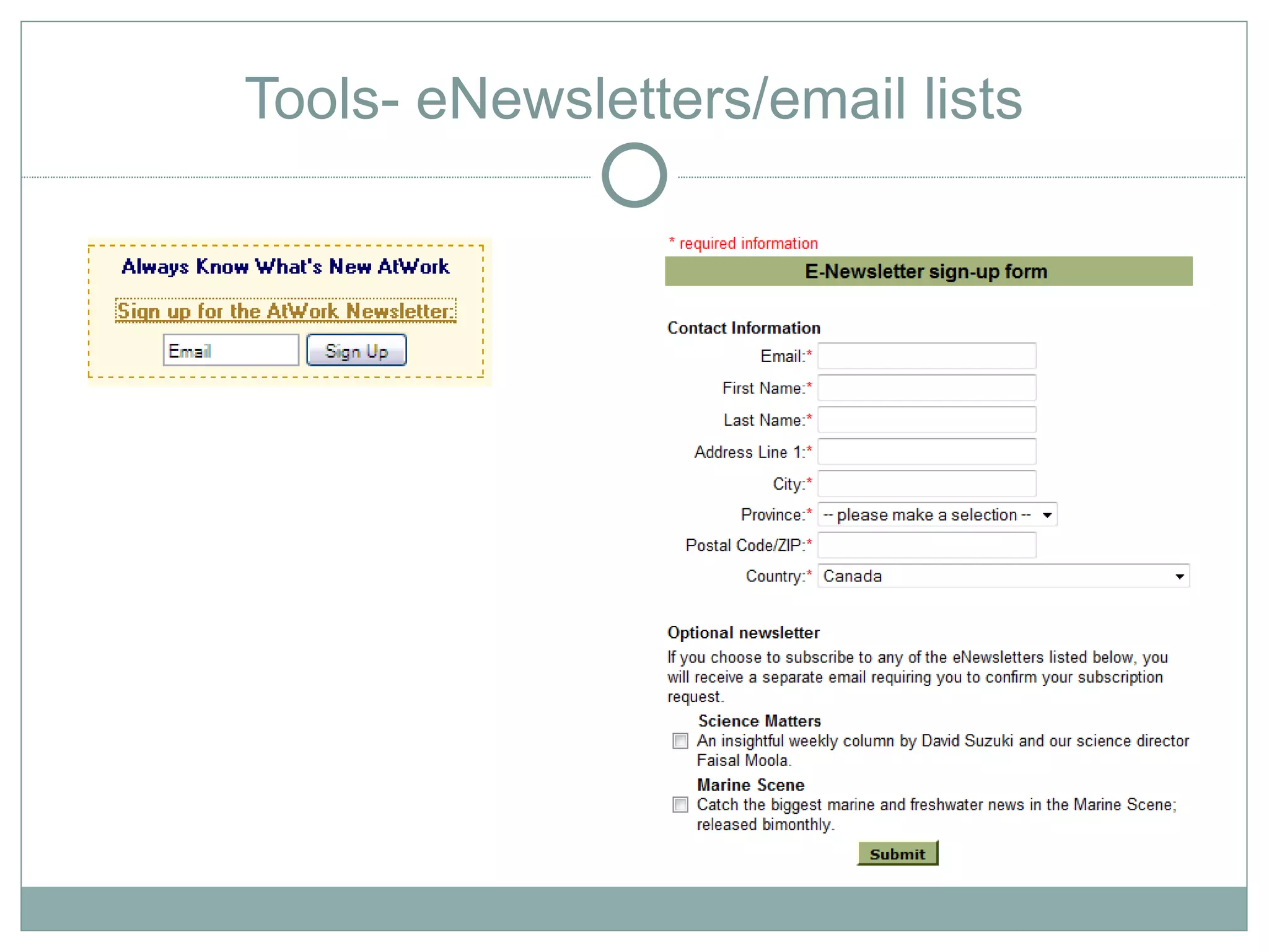 Tools- eNewsletters/email lists
 
