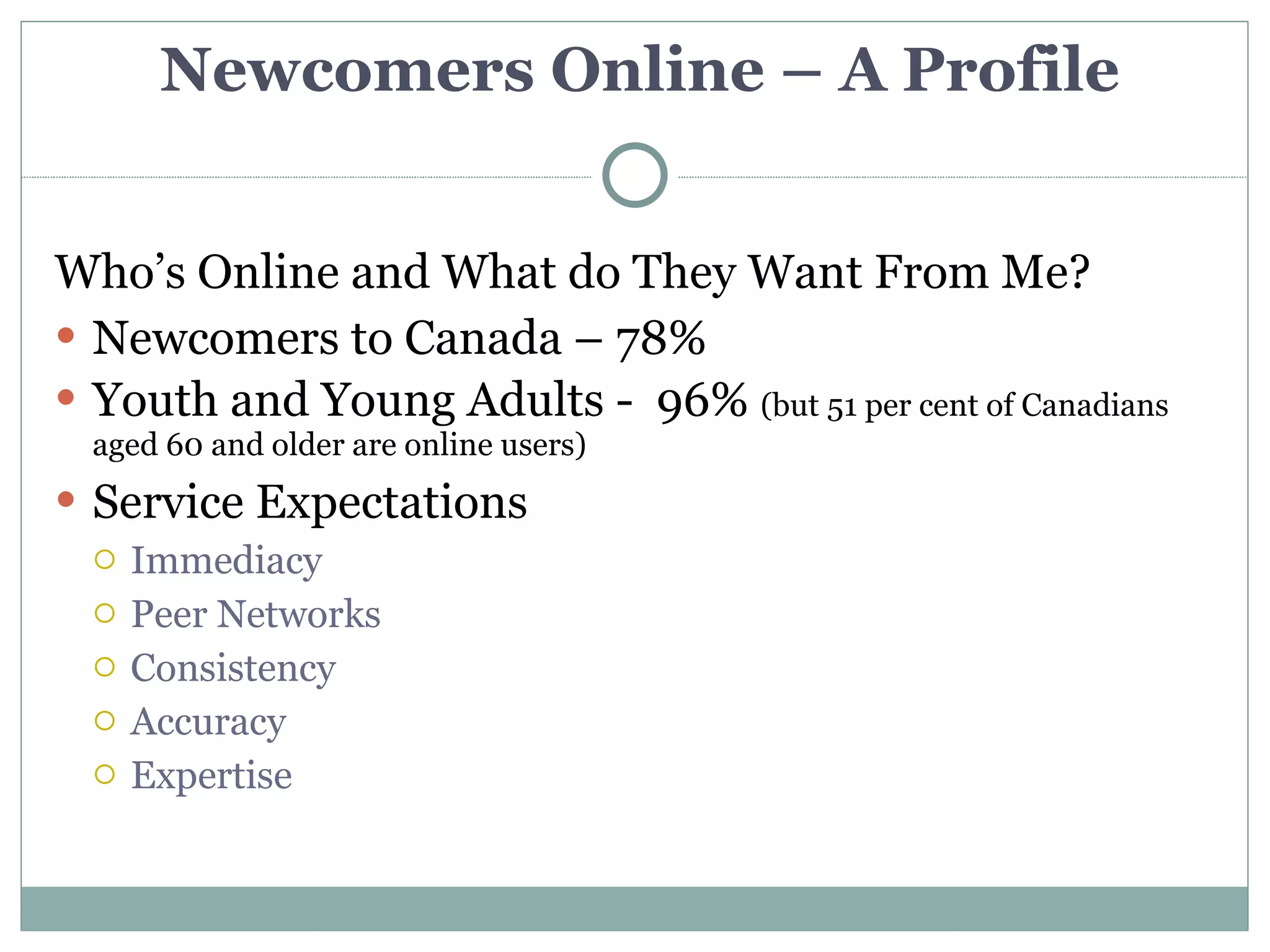 Newcomers Online – A Profile


Who’s Online and What do They Want From Me?
 Newcomers to Canada – 78%
 Youth and Young Adults - 96% (but 51 per cent of Canadians
  aged 60 and older are online users)
 Service Expectations
   Immediacy
   Peer Networks
   Consistency
   Accuracy
   Expertise
 