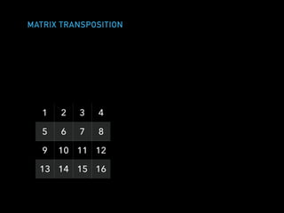 MATRIX TRANSPOSITION
1 2 3 4
5 6 7 8
9 10 11 12
13 14 15 16
 