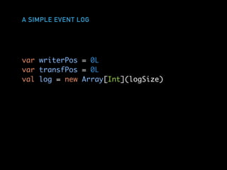 A SIMPLE EVENT LOG
var writerPos = 0L
var transfPos = 0L
val log = new Array[Int](logSize)
 