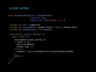 CLIENT ACTOR
class UserQueryActor(latch: CountDownLatch,
numQueries: Int,
numUsersInDB: Int) extends Actor {
private var left = numQueries
private val receivedUsers: mutable.Map[Int, User] = mutable.Map()
private val randGenerator = new Random()
override def receive: Receive = {
case u: User {
receivedUsers.put(u.userId, u)
if (left == 0) {
latch.countDown()
context stop self
} else {
sender() ! Request(randGenerator.nextInt(numUsersInDB))
}
left -= 1
}
}
}
 