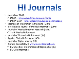 • Journals of AMIA
 JAMIA – https://academic.oup.com/jamia
 JAMIA Open – https://academic.oup.com/jamiaopen
• Methods of Information in Medicine (MIM)
• International Journal of Medical Informatics (IJMI)
• Journal of Medical Internet Research (JMIR)
 JMIR Medical Informatics
• Journal of Biomedical Informatics (JBI)
• Applied Clinical Informatics (ACI)
• Journal of Digital Imaging (JDI)
• Biomed Central (BMC, www.biomedcentral.com)
 BMC Medical Informatics and Decision Making
 BMC Bioinformatics
 