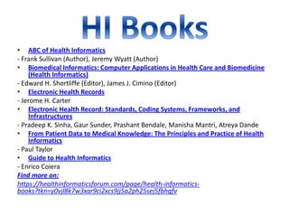 • ABC of Health Informatics
- Frank Sullivan (Author), Jeremy Wyatt (Author)
• Biomedical Informatics: Computer Applications in Health Care and Biomedicine
(Health Informatics)
- Edward H. Shortliffe (Editor), James J. Cimino (Editor)
• Electronic Health Records
- Jerome H. Carter
• Electronic Health Record: Standards, Coding Systems, Frameworks, and
Infrastructures
- Pradeep K. Sinha, Gaur Sunder, Prashant Bendale, Manisha Mantri, Atreya Dande
• From Patient Data to Medical Knowledge: The Principles and Practice of Health
Informatics
- Paul Taylor
• Guide to Health Informatics
- Enrico Coiera
Find more on:
https://healthinformaticsforum.com/page/health-informatics-
books?tkn=y0vjl8k7w3xar9ci2xcs9jj5a2ph25sej5fbhgfv
 