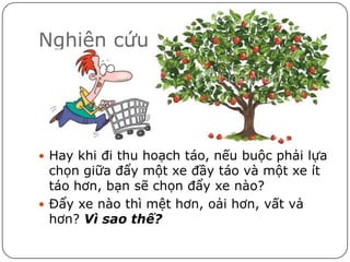 Nghiên cứu




 Hay khi đi thu hoạch táo, nếu buộc phải lựa
  chọn giữa đẩy một xe đầy táo và một xe ít
  táo hơn, bạn sẽ chọn đẩy xe nào?
 Đẩy xe nào thì mệt hơn, oải hơn, vất vả
  hơn? Vì sao thế?
 
