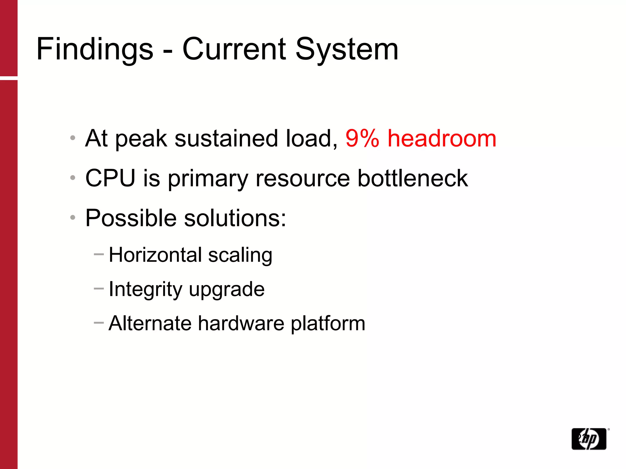 Findings - Current System At peak sustained load,  9% headroom CPU is primary resource bottleneck Possible solutions: Horizontal scaling Integrity upgrade Alternate hardware platform 
