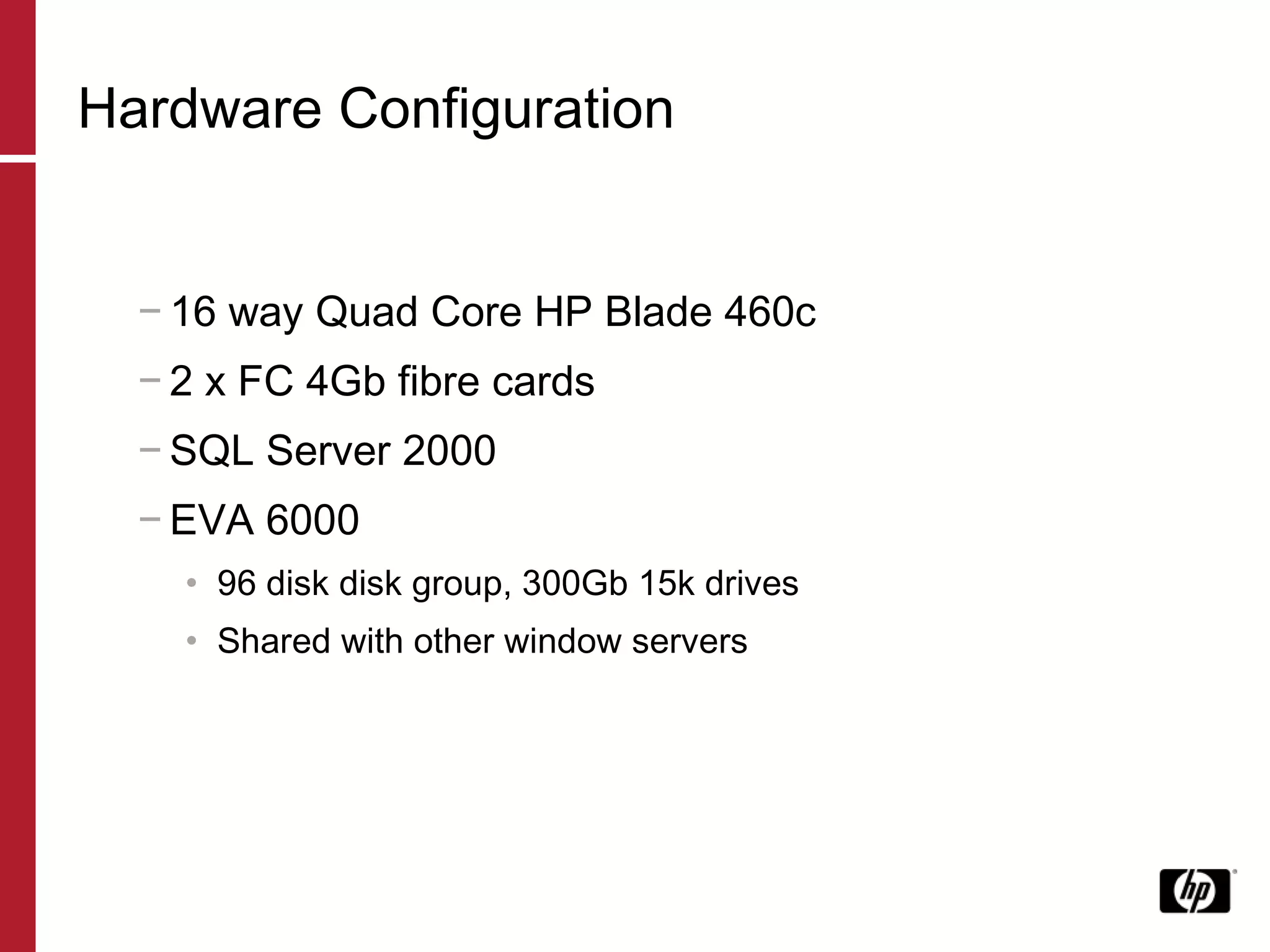 Hardware Configuration 16 way Quad Core HP Blade 460c 2 x FC 4Gb fibre cards SQL Server 2000 EVA 6000 96 disk disk group, 300Gb 15k drives Shared with other window servers 