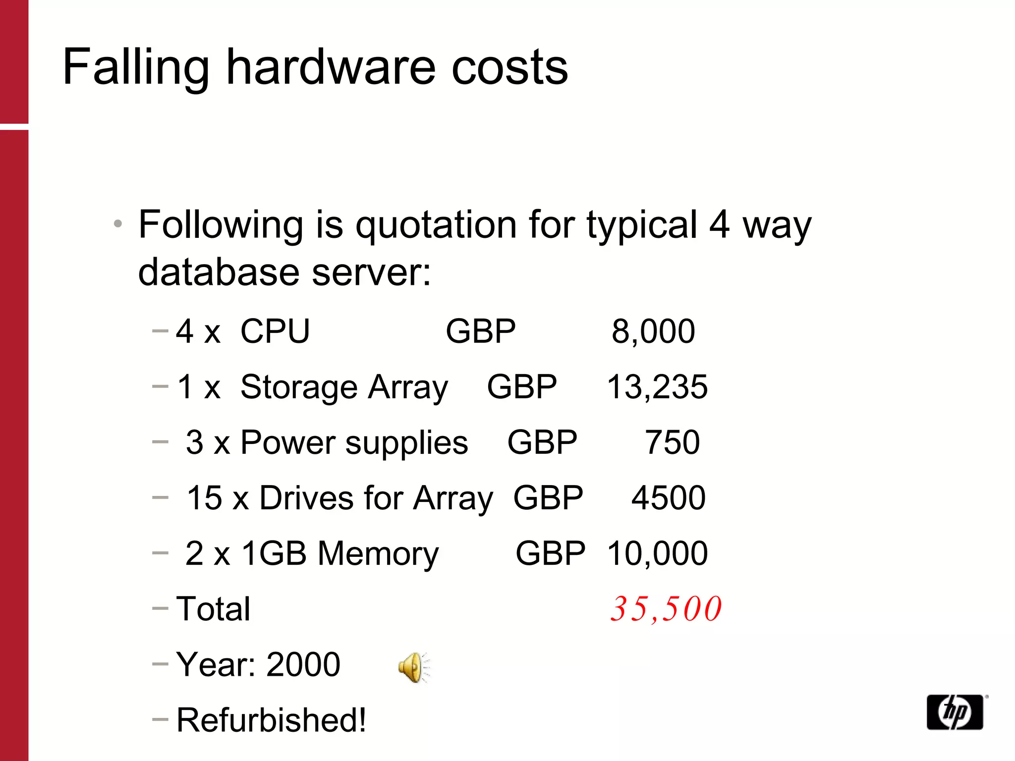 Falling hardware costs Following is quotation for typical 4 way database server: 4 x  CPU   GBP  8,000 1 x  Storage Array  GBP  13,235 3 x Power supplies  GBP  750 15 x Drives for Array  GBP  4500 2 x 1GB Memory  GBP  10,000 Total  35,500  Year: 2000 Refurbished!  