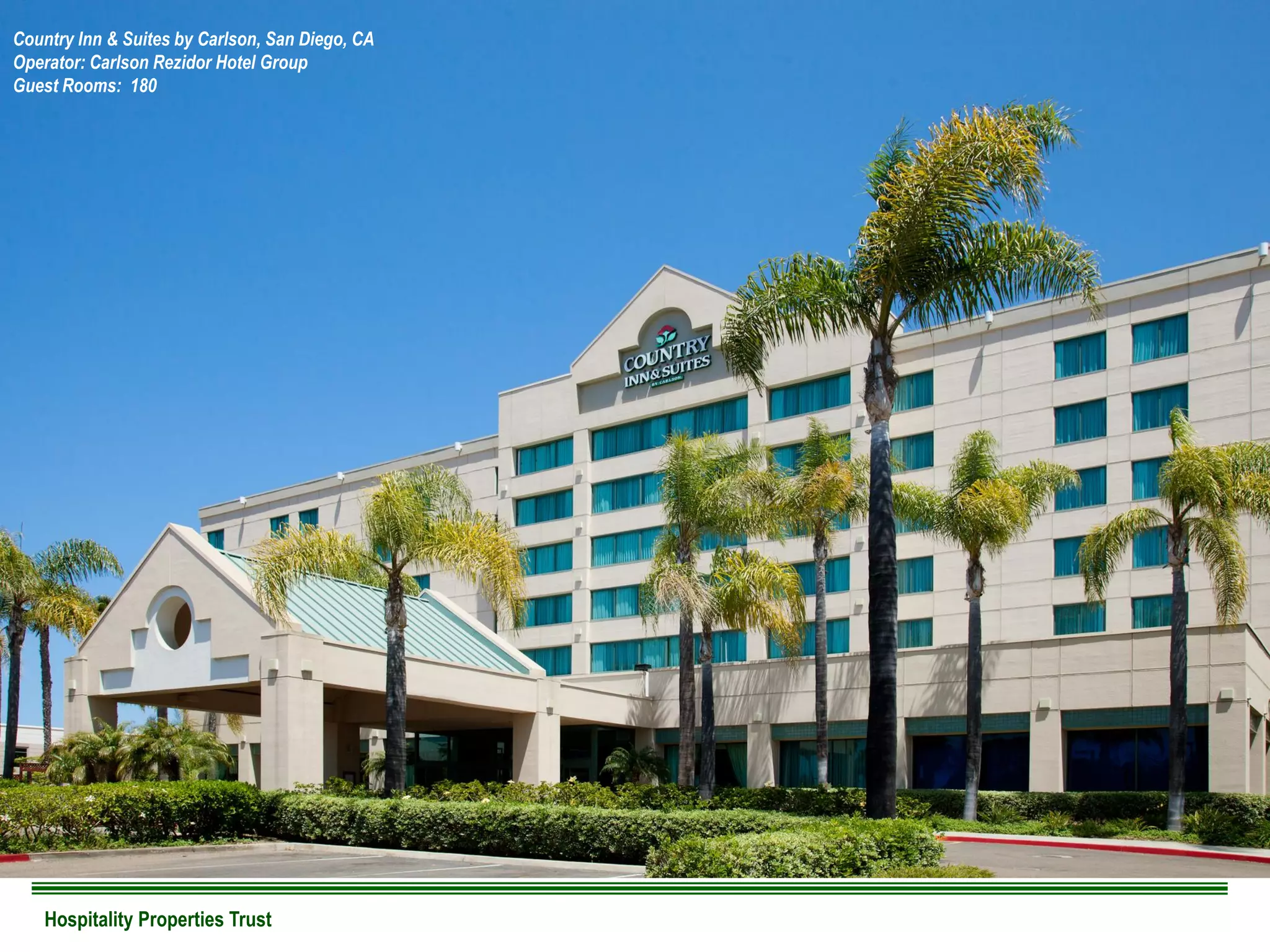 Hospitality Properties Trust
Country Inn & Suites by Carlson, San Diego, CA
Operator: Carlson Rezidor Hotel Group
Guest Rooms: 180
 