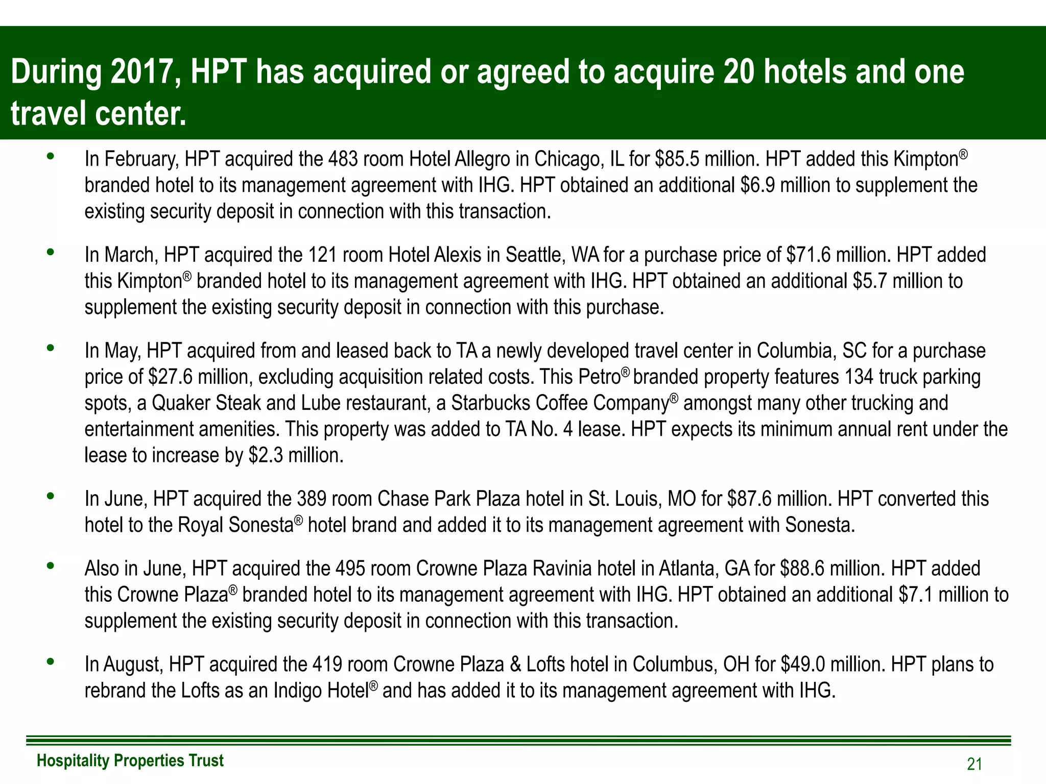 Hospitality Properties Trust
During 2017, HPT has acquired or agreed to acquire 20 hotels and one
travel center.
Courtyard Guestroom Residence Inn Kitchen
• In February, HPT acquired the 483 room Hotel Allegro in Chicago, IL for $85.5 million. HPT added this Kimpton®
branded hotel to its management agreement with IHG. HPT obtained an additional $6.9 million to supplement the
existing security deposit in connection with this transaction.
• In March, HPT acquired the 121 room Hotel Alexis in Seattle, WA for a purchase price of $71.6 million. HPT added
this Kimpton® branded hotel to its management agreement with IHG. HPT obtained an additional $5.7 million to
supplement the existing security deposit in connection with this purchase.
• In May, HPT acquired from and leased back to TA a newly developed travel center in Columbia, SC for a purchase
price of $27.6 million, excluding acquisition related costs. This Petro® branded property features 134 truck parking
spots, a Quaker Steak and Lube restaurant, a Starbucks Coffee Company® amongst many other trucking and
entertainment amenities. This property was added to TA No. 4 lease. HPT expects its minimum annual rent under the
lease to increase by $2.3 million.
• In June, HPT acquired the 389 room Chase Park Plaza hotel in St. Louis, MO for $87.6 million. HPT converted this
hotel to the Royal Sonesta® hotel brand and added it to its management agreement with Sonesta.
• Also in June, HPT acquired the 495 room Crowne Plaza Ravinia hotel in Atlanta, GA for $88.6 million. HPT added
this Crowne Plaza® branded hotel to its management agreement with IHG. HPT obtained an additional $7.1 million to
supplement the existing security deposit in connection with this transaction.
• In August, HPT acquired the 419 room Crowne Plaza & Lofts hotel in Columbus, OH for $49.0 million. HPT plans to
rebrand the Lofts as an Indigo Hotel® and has added it to its management agreement with IHG.
21
 