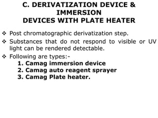 C. DERIVATIZATION DEVICE &
IMMERSION
DEVICES WITH PLATE HEATER
 Post chromatographic derivatization step.
 Substances that do not respond to visible or UV
light can be rendered detectable.
 Following are types:-
1. Camag immersion device
2. Camag auto reagent sprayer
3. Camag Plate heater.
 