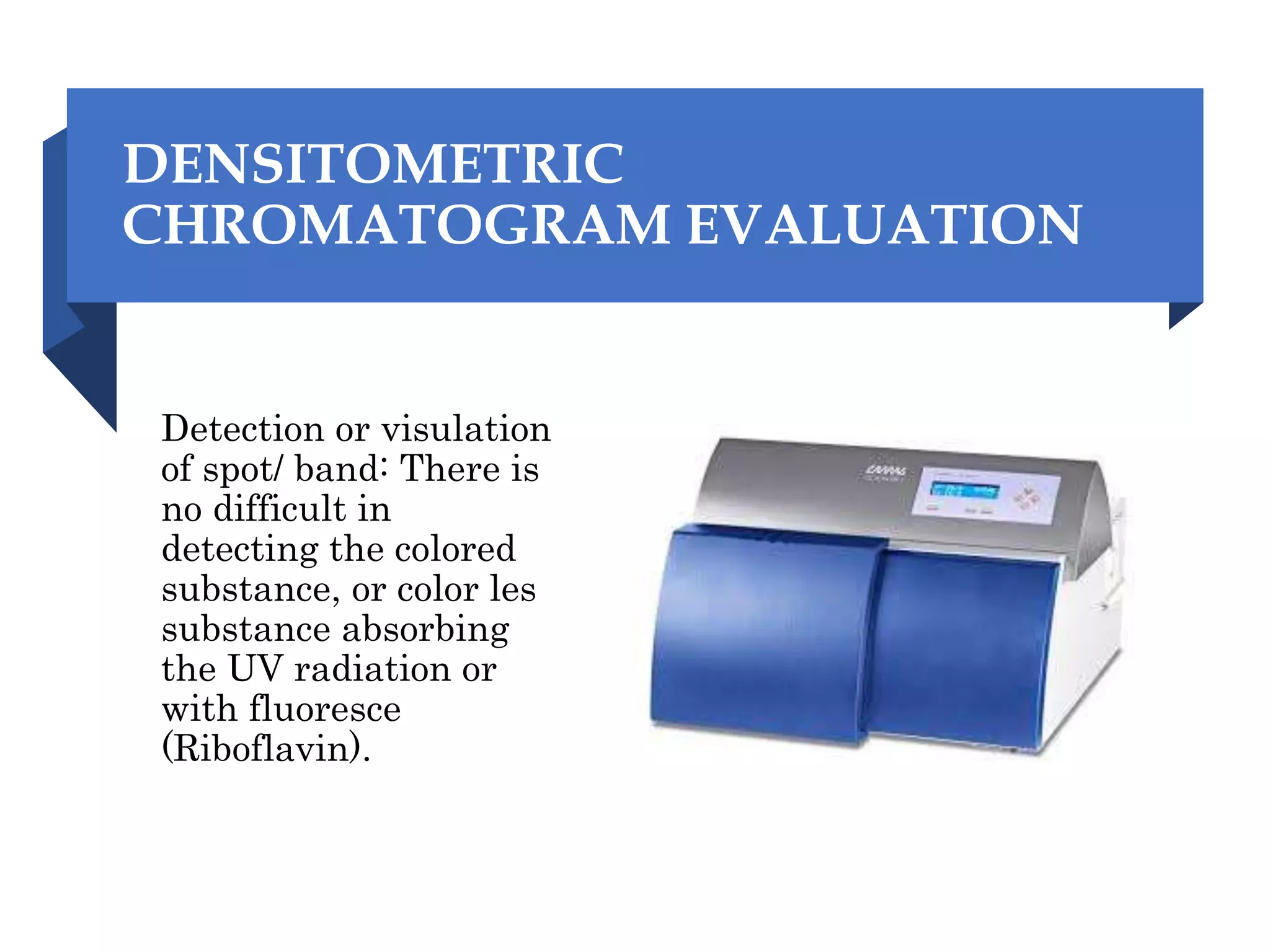 DENSITOMETRIC
CHROMATOGRAM EVALUATION
Detection or visulation
of spot/ band: There is
no difficult in
detecting the colored
substance, or color les
substance absorbing
the UV radiation or
with fluoresce
(Riboflavin).
 