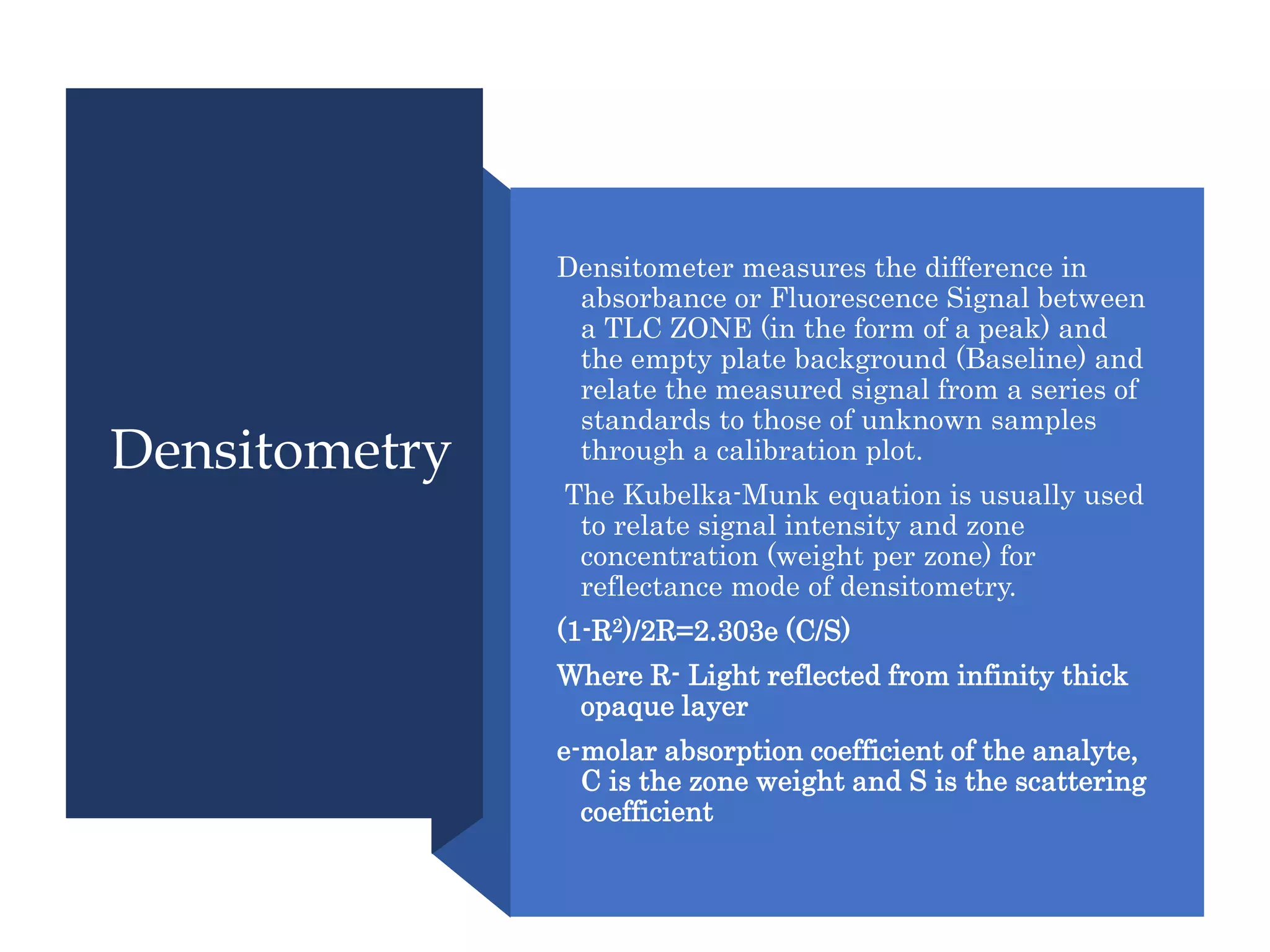 Densitometry
Densitometer measures the difference in
absorbance or Fluorescence Signal between
a TLC ZONE (in the form of a peak) and
the empty plate background (Baseline) and
relate the measured signal from a series of
standards to those of unknown samples
through a calibration plot.
The Kubelka-Munk equation is usually used
to relate signal intensity and zone
concentration (weight per zone) for
reflectance mode of densitometry.
(1-R2)/2R=2.303e (C/S)
Where R- Light reflected from infinity thick
opaque layer
e-molar absorption coefficient of the analyte,
C is the zone weight and S is the scattering
coefficient
 