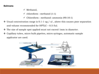 Solvents
 Methanol,
 chloroform : methanol (1:1)
 Chloroform : methanol: ammonia (90:10:1)
 Usual concentration range is 0.1-1 ug / ul , above this causes poor separation
and volume recommended for HPTLC – 0.5-5ul.
 The size of sample spot applied must not exceed 1mm in diameter.
 Capillary tubes, micro bulb pipettes, micro syringes, automatic sample
applicator are used.
 