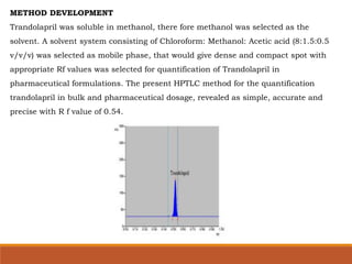 METHOD DEVELOPMENT
Trandolapril was soluble in methanol, there fore methanol was selected as the
solvent. A solvent system consisting of Chloroform: Methanol: Acetic acid (8:1.5:0.5
v/v/v) was selected as mobile phase, that would give dense and compact spot with
appropriate Rf values was selected for quantification of Trandolapril in
pharmaceutical formulations. The present HPTLC method for the quantification
trandolapril in bulk and pharmaceutical dosage, revealed as simple, accurate and
precise with R f value of 0.54.
 