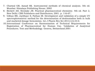 7. Chatwal GR, Aanad SK. Instrumental methods of chemical analysis. 5th ed.
Mumbai: Himalaya Publishing House; 2002
8. Beckett AH, Stenlake JB. Practical pharmaceutical chemistry. 4th ed. Part 2,
New Delhi: CBS Publishers and Distributers; 2001. p. 116-67..
9. Udhan RR, Jaybhaye S, Pathan IB. Development and validation of a simple UV
spectrophotometric method for the determination of desloratadine both in bulk
and marketed dosage formulation. Int J Pharm Res Sci 2013;1(1):33-6
10.International Conference on Harmonization of Technical Requirements for
Registration of Pharmaceutical for Human Use. Validation of Analytical
Procedures. Text and Methodology. Geneva, Switzerland.2001
 