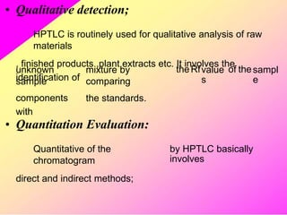 • Qualitative detection;
HPTLC is routinely used for qualitative analysis of raw
materials
, finished products ,plant extracts etc. It involves the
identification of
unknown
sample
components
with
mixture by
comparing
the standards.
theRfvalue
s
of thesampl
e
• Quantitation Evaluation:
Quantitative of the
chromatogram
direct and indirect methods;
by HPTLC basically
involves
 