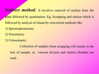 Indirect method; It involves removal of analyte from the
plate followed by quantitation. Eg; Scrapping and elution which is
followed by analysis of eluant by convenient methods like
1)
2)
3)
Spectrophotometry
Flourimetry
Colourimetry
Collection of samples from scrapping will results in the
loss of sample, so
used.
vaccum devices and elution chamber are
 