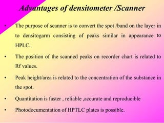 Advantages of densitometer /Scanner
• The purpose of scanner is to convert the spot /band on the layer in
to
to densitogarm consisting of peaks similar in appearance
HPLC.
• The position of
Rf values.
the scanned peaks on recorder chart is related to
• Peak height/area is related to the concentration of the
the spot.
substance in
• Quantitation is faster , reliable ,accurate and reproducible
• Photodocumentation of HPTLC plates is possible.
 