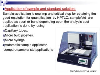 Application of sample and standard solution.
Sample application is one imp and critical step for obtaining the
good resolution for quantification by HPTLC. sample/std are
applied as sport or band depending upon the analysis spot
application is done by using
1)Capillary tubes.
2)Micro bulb pipettes.
3)Micro syringe.
4)Automatic sample applicator.
compare sample/ std applications
FIG:Automatic HPTLC sampler
 