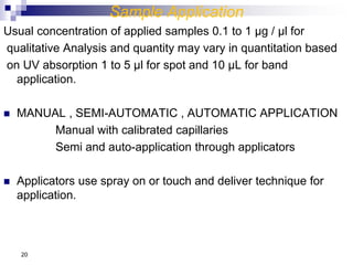Sample Application
Usual concentration of applied samples 0.1 to 1 µg / µl for
qualitative Analysis and quantity may vary in quantitation based
on UV absorption 1 to 5 µl for spot and 10 µL for band
application.
 MANUAL , SEMI-AUTOMATIC , AUTOMATIC APPLICATION
Manual with calibrated capillaries
Semi and auto-application through applicators
 Applicators use spray on or touch and deliver technique for
application.
20
 
