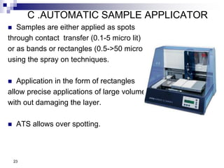 C .AUTOMATIC SAMPLE APPLICATOR
 Samples are either applied as spots
through contact transfer (0.1-5 micro lit)
or as bands or rectangles (0.5->50 micro lit)
using the spray on techniques.
 Application in the form of rectangles
allow precise applications of large volume
with out damaging the layer.
 ATS allows over spotting.
23
 