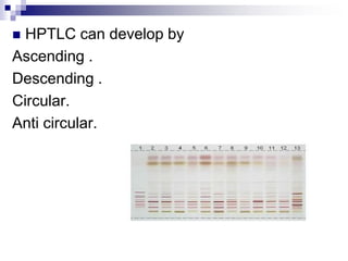  HPTLC can develop by
Ascending .
Descending .
Circular.
Anti circular.
FIG: HPTLC of Ginseng.
 