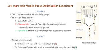 Lets start with Mobile Phase Optimization Experiment
• Level 1 –
- 7 to 12 net solvents for 1-8 selectivity groups.
- You ...