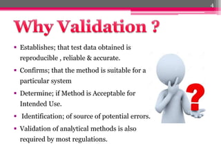  Establishes; that test data obtained is
reproducible , reliable & accurate.
 Confirms; that the method is suitable for a
particular system
 Determine; if Method is Acceptable for
Intended Use.
 Identification; of source of potential errors.
 Validation of analytical methods is also
required by most regulations.
4
 