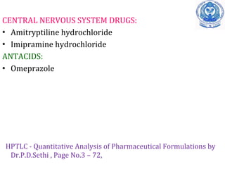 CENTRAL NERVOUS SYSTEM DRUGS:
• Amitryptiline hydrochloride
• Imipramine hydrochloride
ANTACIDS:
• Omeprazole
HPTLC - Quantitative Analysis of Pharmaceutical Formulations by
Dr.P.D.Sethi , Page No.3 – 72,
 