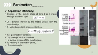 Parameters
 Separation Efficiency:
• Position of the mobile phase at time t as it moves
through a sorbent layer
• Zf - distance moved by the mobile phase from the
sample origin
• k - velocity constant. k is dependent on:
• Ko - permeability constant,
• dp -average particle diameter,
• g -surface tension of the mobile phase,
• η- viscosity of the mobile phase,
• θ- contact angle.
Related to HPTLC
21-03-2024 11
 