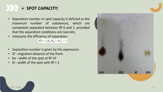 • Separation number or spot capacity is defined as the
maximum number of substances, which are
completely separated between Rf 0 and 1, provided
that the separation conditions are isocratic.
• measures the efficiency of separation.
• Separation number is given by the expression.
• Zf - migration distance of the front.
• bo - width of the spot at Rf =0
• bl - width of the spot with Rf = 1
 SPOT CAPACITY:
21-03-2024 15
 