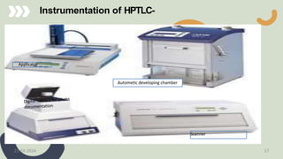Instrumentation of HPTLC-
6 Scanner
Autometic developing chamber
Applicator
21-03-2024 17
 