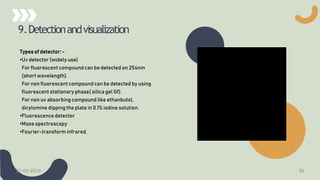 9.Detectionandvisualization
Types of detector: -
•Uv detector (widely use)
For fluorescent compound can be detected on 254nm
(short wavelength).
For non fluorescent compound can be detected by using
fluorescent stationary phase( silica gel Gf).
For non uv absorbing compound like ethanbutol,
dicylomine dipping the plate in 0.1% iodine solution.
•Fluorescence detector
•Mass spectroscopy
•Fourier-transform infrared.
21-03-2024 36
 