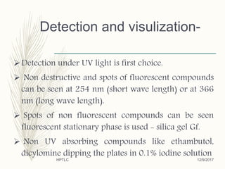 Detection and visulization-
Detection under UV light is first choice.
 Non destructive and spots of fluorescent compounds
can be seen at 254 nm (short wave length) or at 366
nm (long wave length).
 Spots of non fluorescent compounds can be seen
fluorescent stationary phase is used - silica gel Gf.
 Non UV absorbing compounds like ethambutol,
dicylomine dipping the plates in 0.1% iodine solution
12/9/2017HPTLC
 