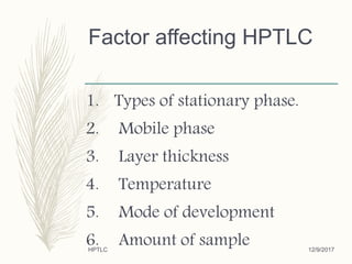 Factor affecting HPTLC
1. Types of stationary phase.
2. Mobile phase
3. Layer thickness
4. Temperature
5. Mode of development
6. Amount of sample 12/9/2017HPTLC
 