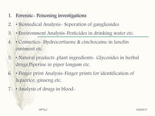 1. Forensic- Poisoning investigations
2. • Biomedical Analysis- Seperation of gangliosides
3. • Environment Analysis-Pesticides in drinking water etc.
4. • Cosmetics- Hydrocortisone & cinchocaine in lanolin
ointment etc.
5. • Natural products ,plant ingredients- Glycosides in herbal
drugs,Piperine in piper longum etc.
6. • Finger print Analysis-Finger prints for identification of
liquorice, ginseng etc.
7. • Analysis of drugs in blood-
12/9/2017HPTLC
 