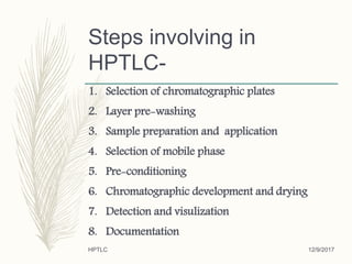 Steps involving in
HPTLC-
1. Selection of chromatographic plates
2. Layer pre-washing
3. Sample preparation and application
4. Selection of mobile phase
5. Pre-conditioning
6. Chromatographic development and drying
7. Detection and visulization
8. Documentation
12/9/2017HPTLC
 