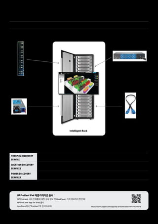HP ProLiant Gen8 정품 옵션 
Green IT에 최적화된 Intelligent Series Rack & Power Solution 
32 
Intelligent Rack 
Location Sensor 
장착되는 Gen8 서버와 통신하여 
서버의 위치 정보 (U 위치, 서버 종류, 
시리얼 번호 등)를 취합 가능하게 하는 
로케이션 센서 지원 
Platinum Plus Power Supply 
최대 94% 이상의 전력 효율은 물론, 
PLC (Power Line Communication)를 
지원하여 iPDU 와 직접 통신 가능 
(G7 및 Gen8 지원) 
What’s New? 
Thermal Discovery 
Service 
Location Discovery 
Services 
Power Discovery 
Services 
Intelligent PDU 
HP ProLiant 서버 제품의 Platinum 
파워 서플라이와 직접 통신하여 전원 
사용량 모니터링은 물론 실수 없는 
전원 작업 가능 
PLC Cable 
Intelligent PDU와 Platinum Plus 
파워 서플라이의 통신을 가능하게 
하는 PLC 케이블 
서버 단위는 물론 랙 단위, 데이터 센터 단위로 발생하는 열을 관리할 수 있으며, 최대 10%의 에너지 절감이 
가능합니다. 
Gen8서버와 Intelligent Rack에 장착된 Location Sensor를 통해 자동으로 서버의 위치를 파악하고 자산관리를 
더욱 효율적으로 할수 있습니다. 
Intelligent PDU가 연결된 서버의 정보를 자동으로 수집하고 전력 사용량을 모니터링합니다. 개별서버는 물론 
랙 단위로 전력사용량을 관리할 수 있으며 사용자 실수로 인한 전력구성 오류를 방지합니다. 
HP ProLiant iPad 애플리케이션 출시 : 
HP ProLiant 서버 전제품에 대한 상세 정보 및 QuickSpec, 가격 정보까지 한번에! 
HP ProLiant App for iPad 출시 
AppStore에서 "ProLiant"로 검색하세요! http://itunes.apple.com/app/hp-proliant/id507904700?mt=8 
 