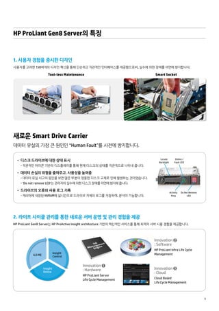 5 
HP ProLiant Gen8 Server의 특징 
1. 사용자 경험을 중시한 디자인 
사용자를 고려한 150여개의 디자인 혁신을 통해 단순하고 직관적인 인터페이스를 제공함으로써, 실수에 의한 장애를 미연에 방지합니다. 
Tool-less Maintenance Smart Socket 
새로운 Smart Drive Carrier 
데이터 유실의 가장 큰 원인인 “Human Fault”를 사전에 방지합니다. 
Locate 
Backlight 
Online / 
Fault LED 
Activity 
Ring 
Do Not Remove 
LED 
• 디스크 드라이브에 대한 상태 표시 
- 직관적인 아이콘 기반의 디스플레이를 통해 현재 디스크의 상태를 직관적으로 나타내 줍니다. 
• 데이터 손실의 위험을 줄여주고, 사용성을 높여줌 
- 데이터 유실 사고의 원인을 보면 많은 부분이 엉뚱한 디스크 교체로 인해 발생하는 것이었습니다. 
- ‘Do not remove LED’는 관리자의 실수에 의한 디스크 장애를 미연에 방지해 줍니다. 
• 드라이브의 오류와 사용 로그 기록 
- 캐리어에 내장된 NVRAM에 실시간으로 드라이브 자체의 로그를 저장하며, 분석이 가능합니다. 
2. 라이프 사이클 관리를 통한 새로운 서버 운영 및 관리 경험을 제공 
HP ProLiant Gen8 Server는 HP ProActive Insight architecture 기반의 혁신적인 서비스를 통해 최적의 서버 사용 경험을 제공합니다. 
iLO ME 
Insight 
Control 
Insight 
Online 
Innovation ➊ 
: Hardware 
HP ProLiant Server 
Life Cycle Management 
Innovation ➋ 
: Software 
HP ProLiant Infra Life Cycle 
Management 
Innovation ➌ 
: Cloud 
Cloud Based 
Life Cycle Management 
 