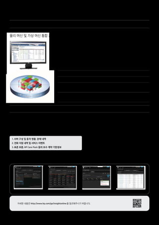 2. HP Insight Control 
수천대의 시스템을 하나의 단일 콘솔로 통합하여 운영체제 배포 / 시스템 상태 및 전력 모니터링 / 
물리 머신 및 가상 머신 통합 관리 솔루션을 제공 
HP Insight Control은 HP ProLiant 제품의 모니터링 및 관리를 쉽게 소화할 수 있는 소프트웨어 
제품군입니다. HP Insight Control을 사용하면 HP ProLiant 제품의 라이프 사이클 관리를 개별 
제품이 아닌 제품군 범위로 통합관리가 가능합니다. 인프라 전반에 걸쳐 건강 상태 모니터링, 
원격 관리, 전력 및 온도 제어, 하드웨어 리소스 배치, 성능 모니터링 및 병목 현상 분석 등 종합적인 
관리 기능을 사용할 수 있습니다. 
- HP ProLiant 인프라의 라이프 사이클 전반을 관리하는 차세대 통합 솔루션 
배 포 신속한 배포 OS 설치뿐만 아니라 하드웨어 구성, 펌웨어 업데이트까지 
통 합 Microsoft / VMware와 완벽하게 통합된 관리 솔루션 
관 리 IT 시스템 모니터링 솔루션 능동적인 상태 관리뿐만 아니라 하드웨어의 보수 및 
관리 정보까지 
최적화 HP만의 전력 모니터링 기능 제공! 귀중한 전력을 최대한 활용하여 한정된 
데이터 센터의 전력 및 상면 리소스를 최적화 
3. HP Insight Online 
클라우드 기반의 포털 서비스를 통해 장비 이력 및 시스템 모니터링 / 서비스 계약 레벨을 고객과 
파트너사 엔지니어가 언제 어디서나 관리 
“서버 관리를 위해 언제 어디서나 사용할 수 있는 무료 클라우드 서비스” 
HP ProLiant 사용자를 위한 클라우드 기반의 서비스인 HP Insight Online은 
1. 서버 구성 및 동작 현황, 장애 내역 
2. 전화 지원 내역 및 서비스 이벤트 
3. 표준 보증, HP Care Pack 등의 보수 계약 기한정보 
등을 제공하여 ‘서버 구성 관리’, ‘장애 이력 관리’, ‘보증 및 유지보수 계약 관리’ 등 데이터 센터 관리에 필요한 시간을 줄여 줍니다. 
또한, ProLiant Gen8 서버에서 새로이 구현된 Agentless Management 기능을 통해 OS를 설치하지 않아도 항상 하드웨어 모니터링을 하며, 
모니터링 결과를 클라우드 기반인 Insight Online을 통해 실시간으로 확인하실 수 있습니다. 
8 
개인화된 Dashboard 환경 제공 편리한 자산 관리 서비스 제공 계약 레벨 관리 서비스 제공 진화된 원격 모니터링 서비스 제공 
자세한 내용은 http://www.hp.com/go/insightonline 을 참조해주시기 바랍니다. 
 