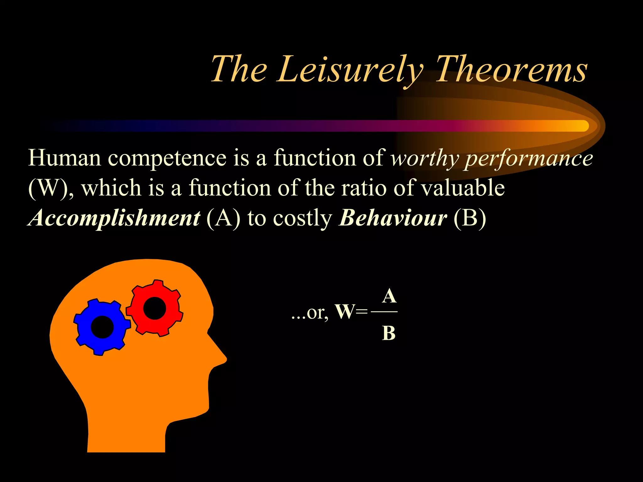 The Leisurely Theorems

Human competence is a function of worthy performance
(W), which is a function of the ratio of valuable
Accomplishment (A) to costly Behaviour (B)


                                    A
                        ...or, W=
                                    B
 