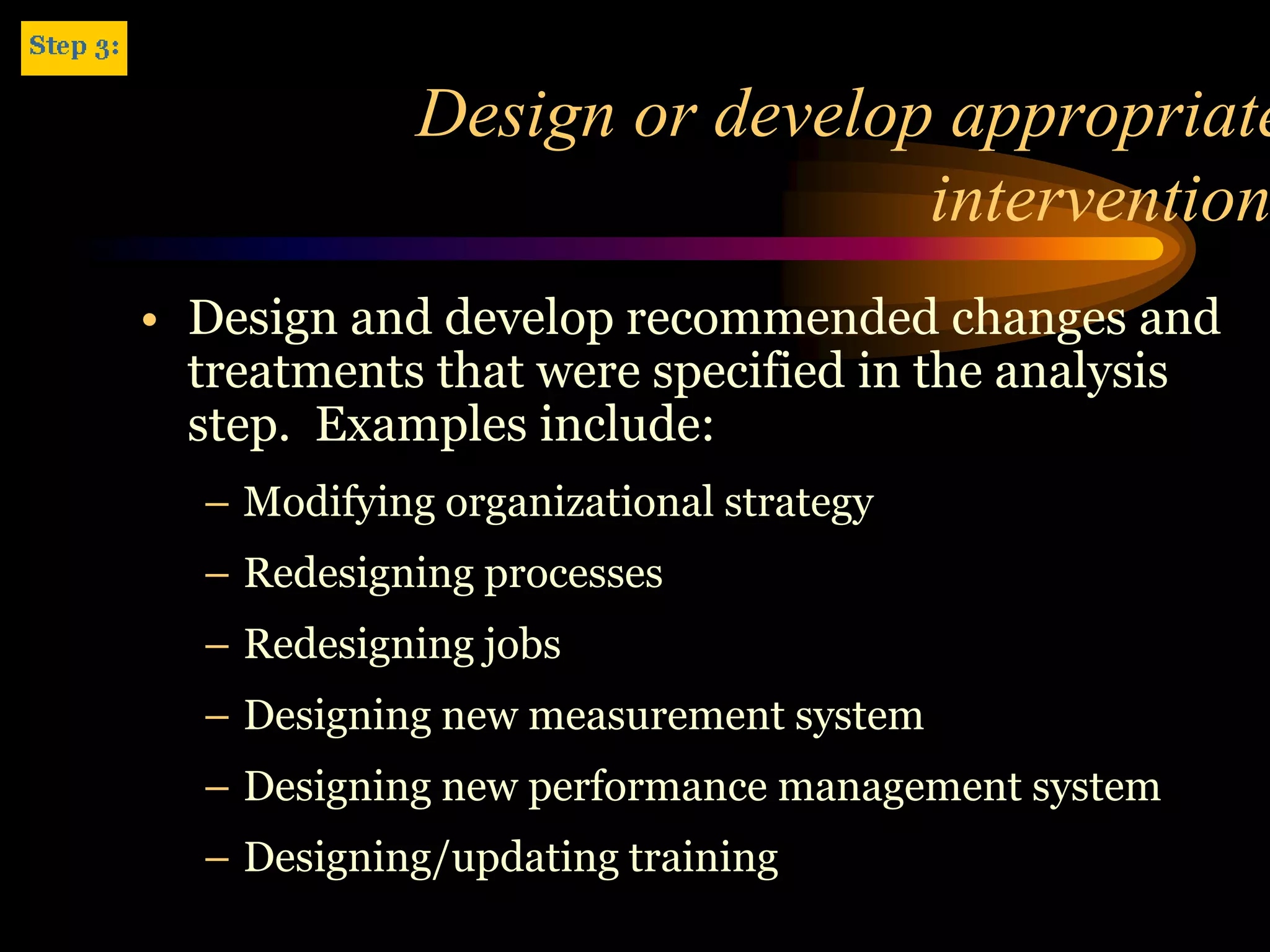 Design or develop appropriate
                              intervention
• Design and develop recommended changes and
  treatments that were specified in the analysis
  step. Examples include:
  – Modifying organizational strategy
  – Redesigning processes
  – Redesigning jobs
  – Designing new measurement system
  – Designing new performance management system
  – Designing/updating training
 